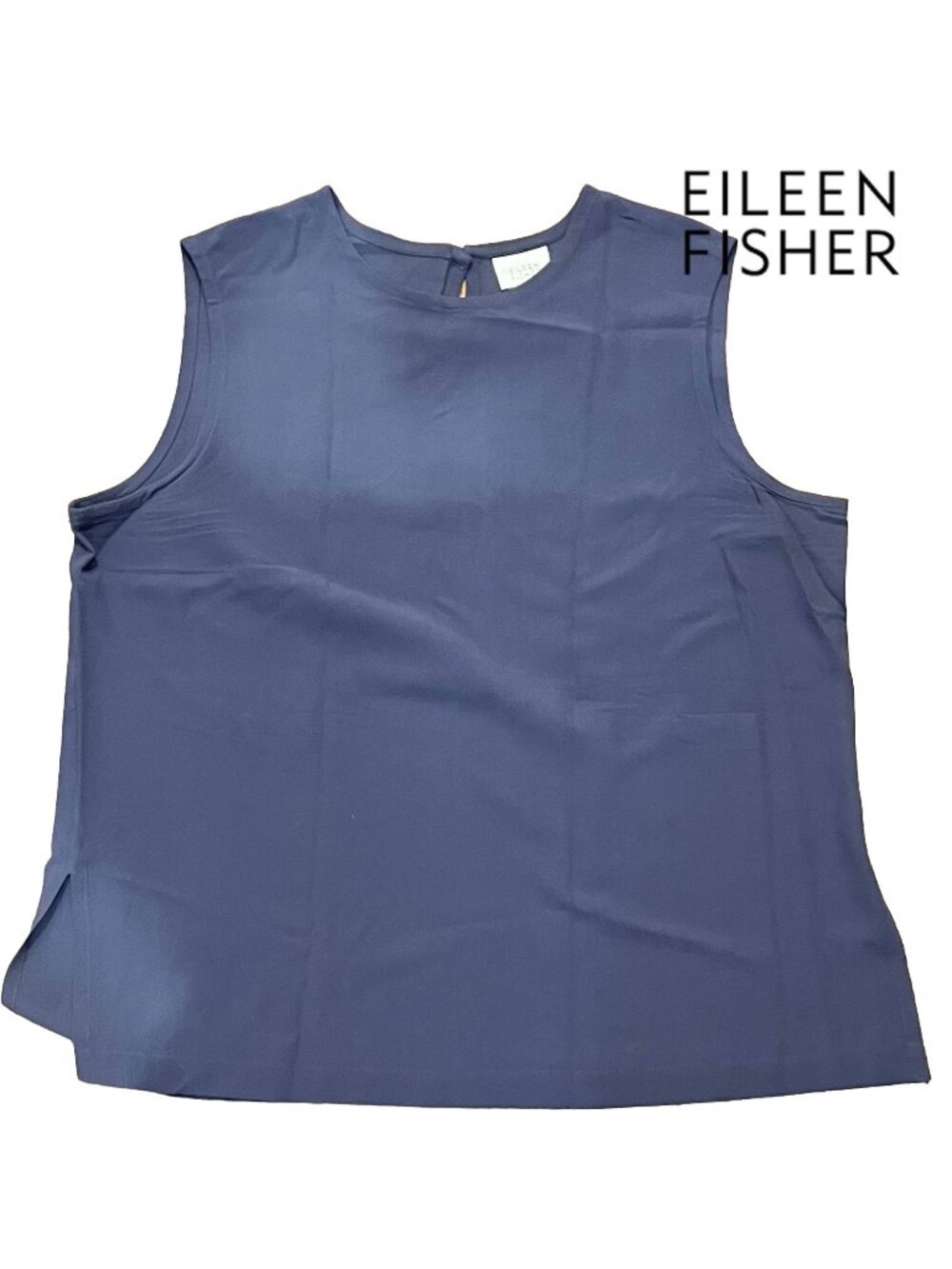 Eileen Fisher pure silk crepe tank in Ink, blue-gray, side slits, Large 14/16